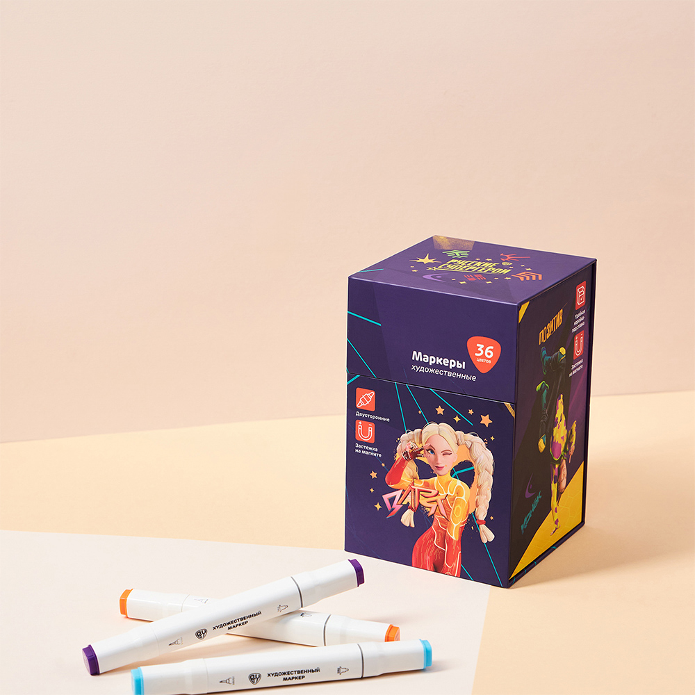 BY Русские Супергерои Маркеры худож., 36цв., 2-стор. (круг./кисточка), коробка-подставка на магните - #12