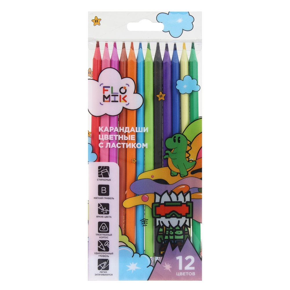 FLOMIK Набор цветных пластиковых стираемых карандашей, ластик, прокрашенный трехгр. корпус, 12 цв. - #1