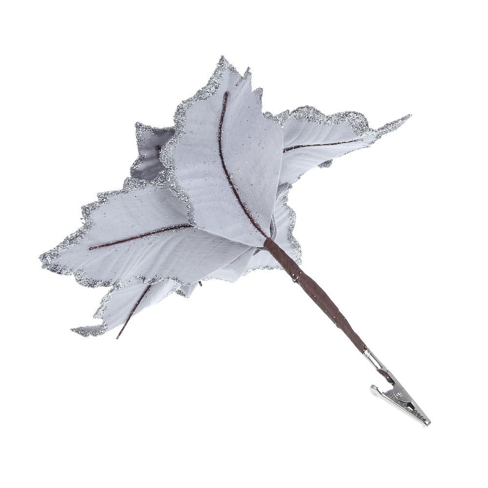 СНОУ БУМ Цветок Пуансеттия на клипсе 25 см, металл, полиэстер, глиттер, серебро - #4