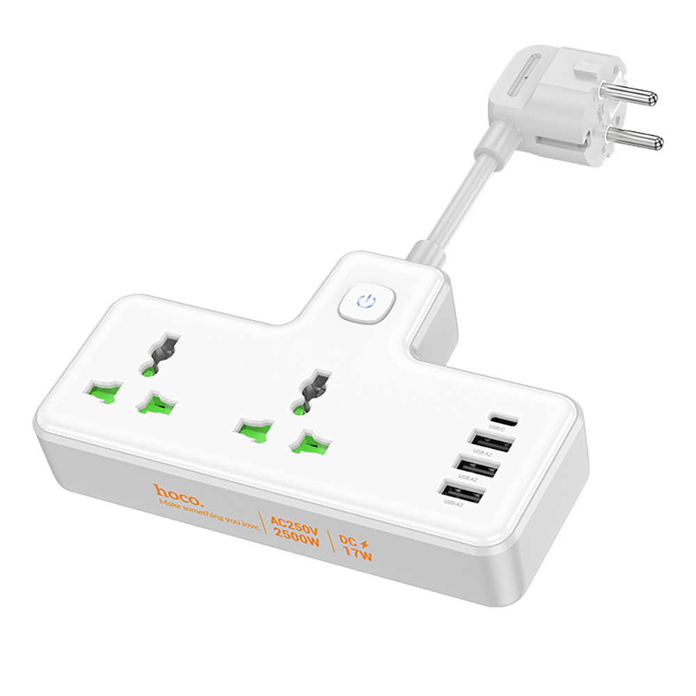 Разветвитель 2 гнезда hoco. модель AC11A, 10А, 250В, с функцией зарядки, белый - #1
