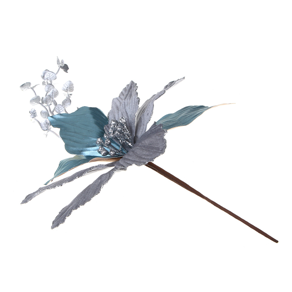 СНОУ БУМ Цветок декоративный на ветке 36x24 см, полиэстер, металл, серебро - #3