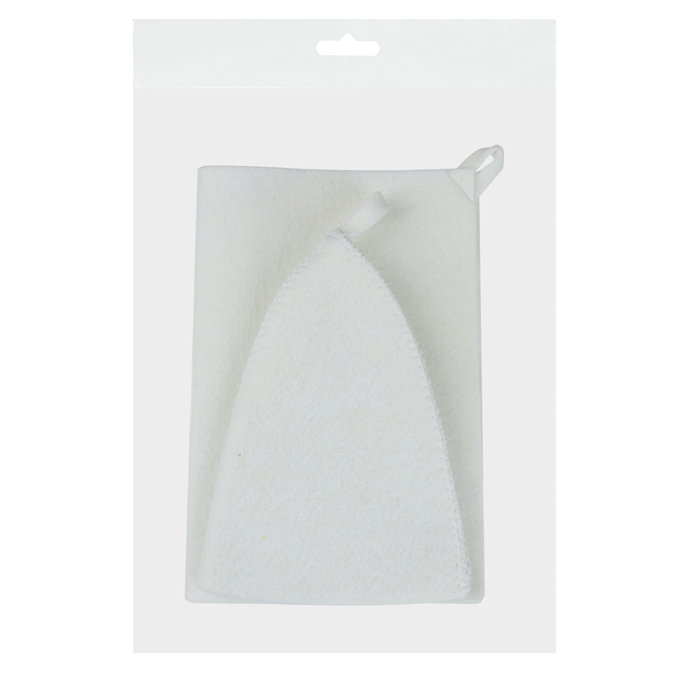 Набор банный ЭКОНОМ 2 предмета без вышивки (шапка, коврик) в пакете, войлок белый/серый - #19
