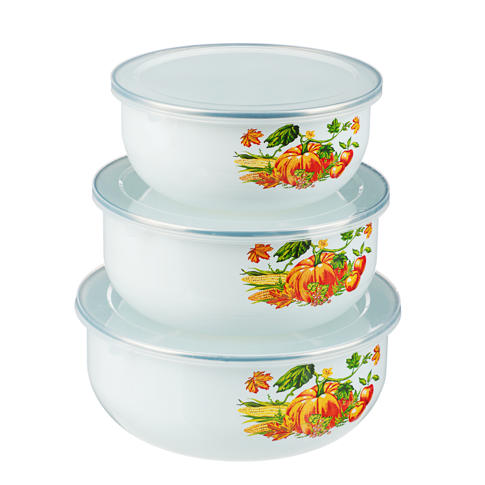 Набор эмалированных салатников с крышками, 6пр. (14/16/18см, 0,7/1,1/1,4л) "Тыквенный латте" - #2