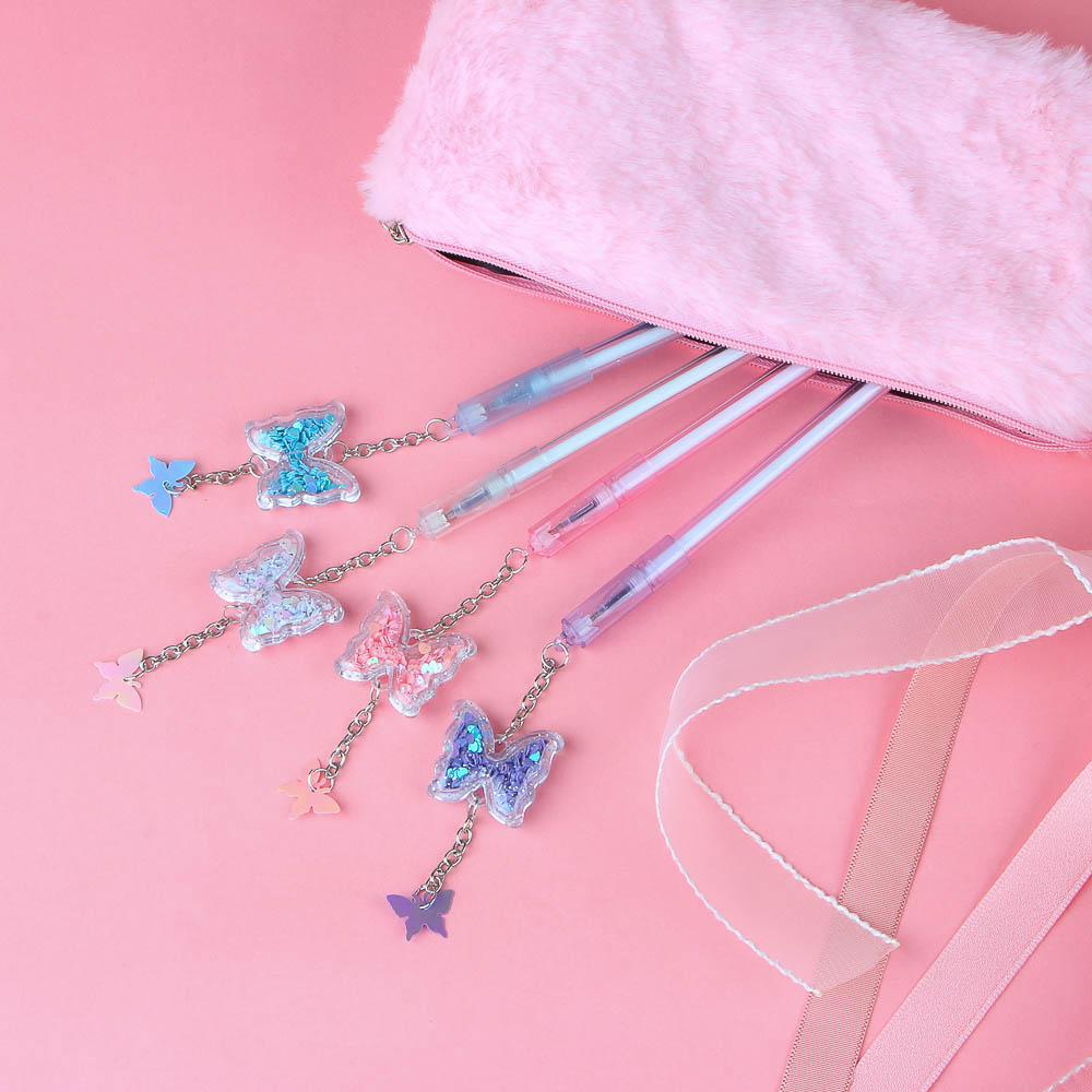 Ручка гелевая с подвеской в форме бабочки, (внутри блестки), 16см, 4 цв корпуса, пластик, металл - #6