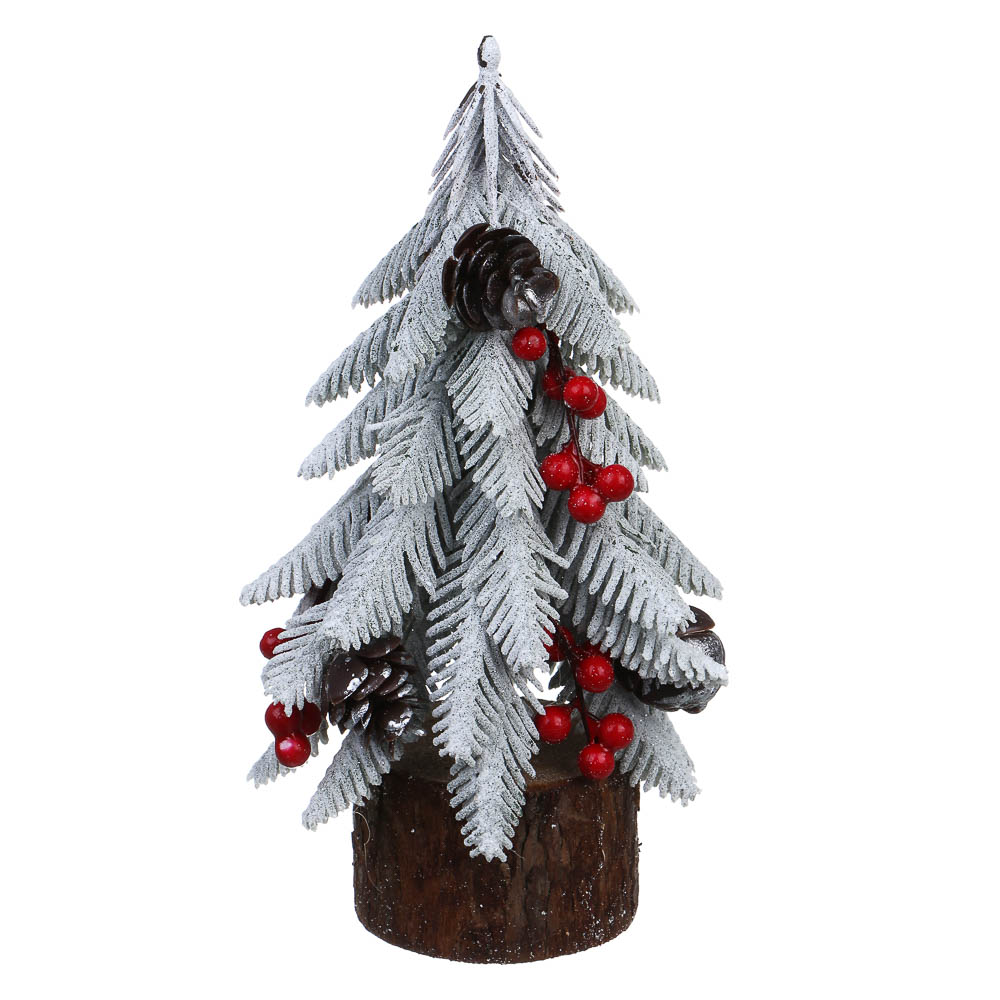 СНОУ БУМ Елочка литая 100% РЕ, шишка, красная ягода, деревянная основа, 21 см, 26-61 - #1