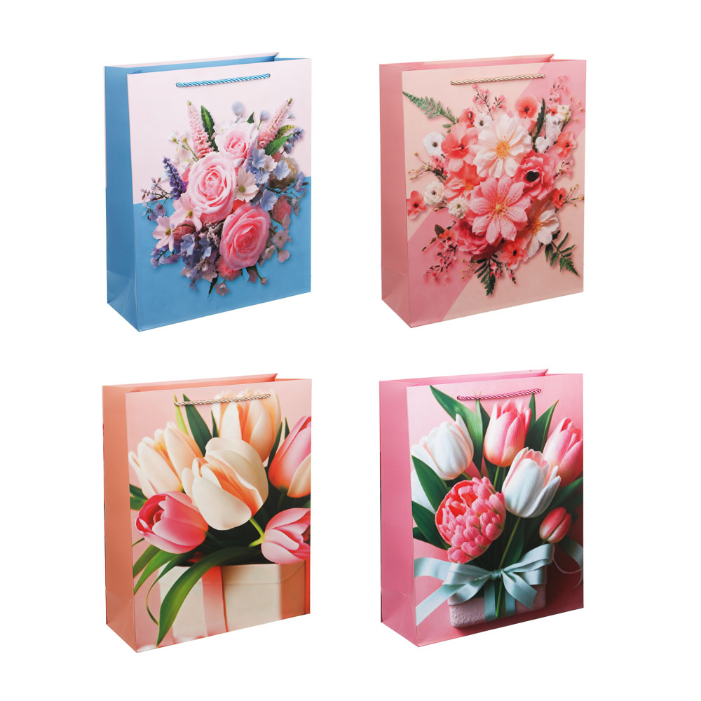 Пакет подарочный бумажный тм LADECOR, L 26x32x10 см, "Цветы" арт 3, 4 дизайна - #1