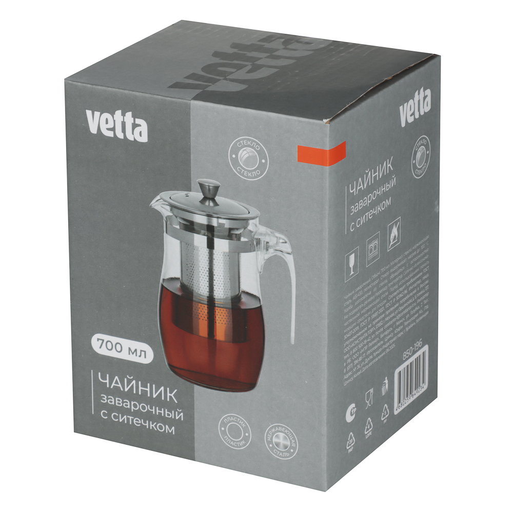 VETTA Чайник заварочный 700мл с ситечком, нерж.сталь, стекло, полистирол - #7