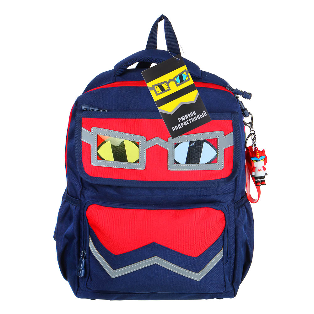 Рюкзак подростковый 40x30x14,5см, 1 отд., 4 карм., аппликации в форме лица, ножки, ПЭ, синий/красный - #7
