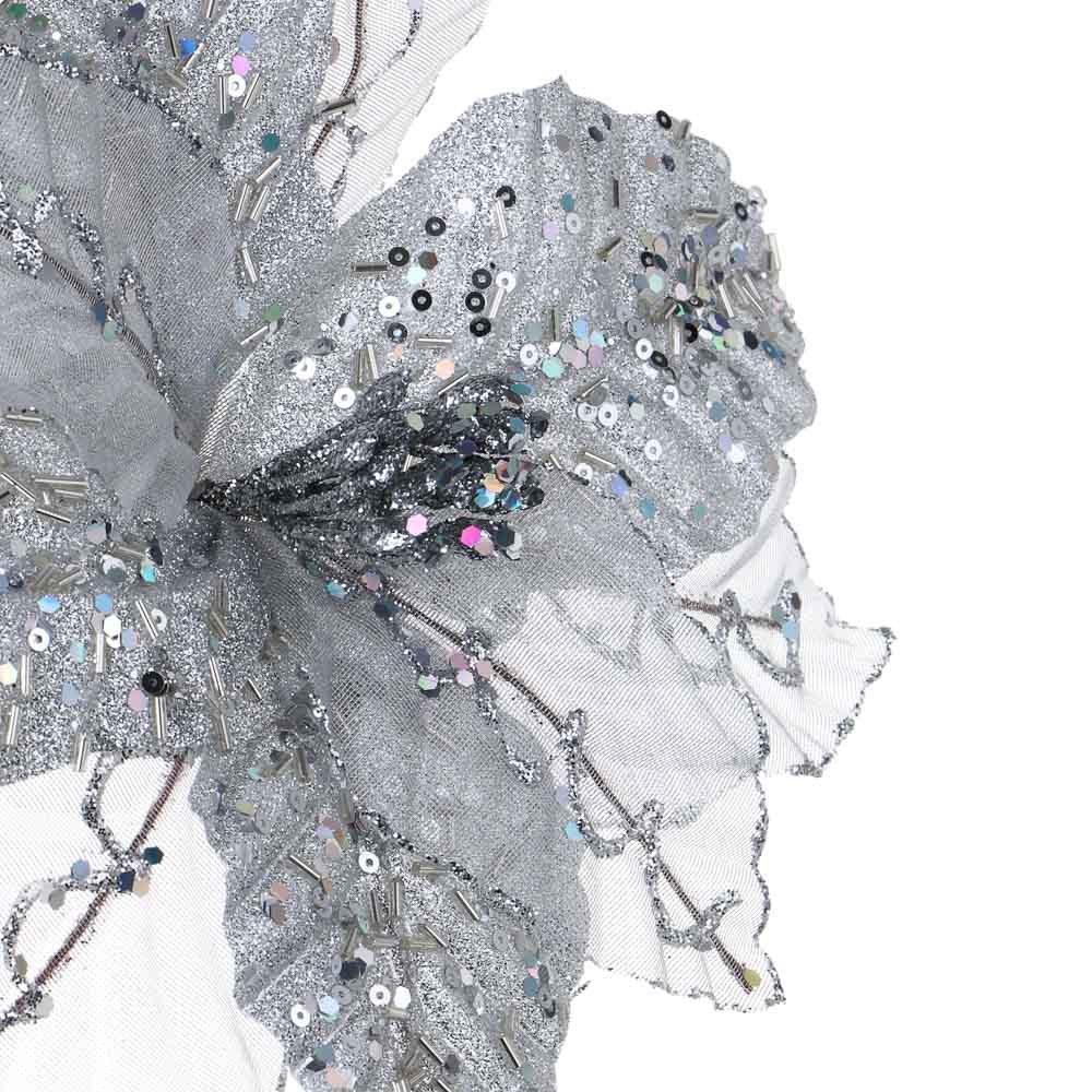 СНОУ БУМ Пуансетия 20 см на прищепке (9 лепестков), глиттер, металл, полиэстер, 26-524 - #2