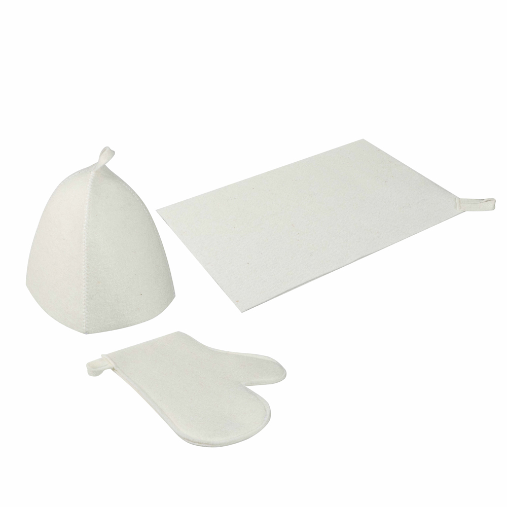 Набор банный ЭКОНОМ 3 предмета (шапка, коврик, рукавица) в пакете, войлок белый/серый - #2