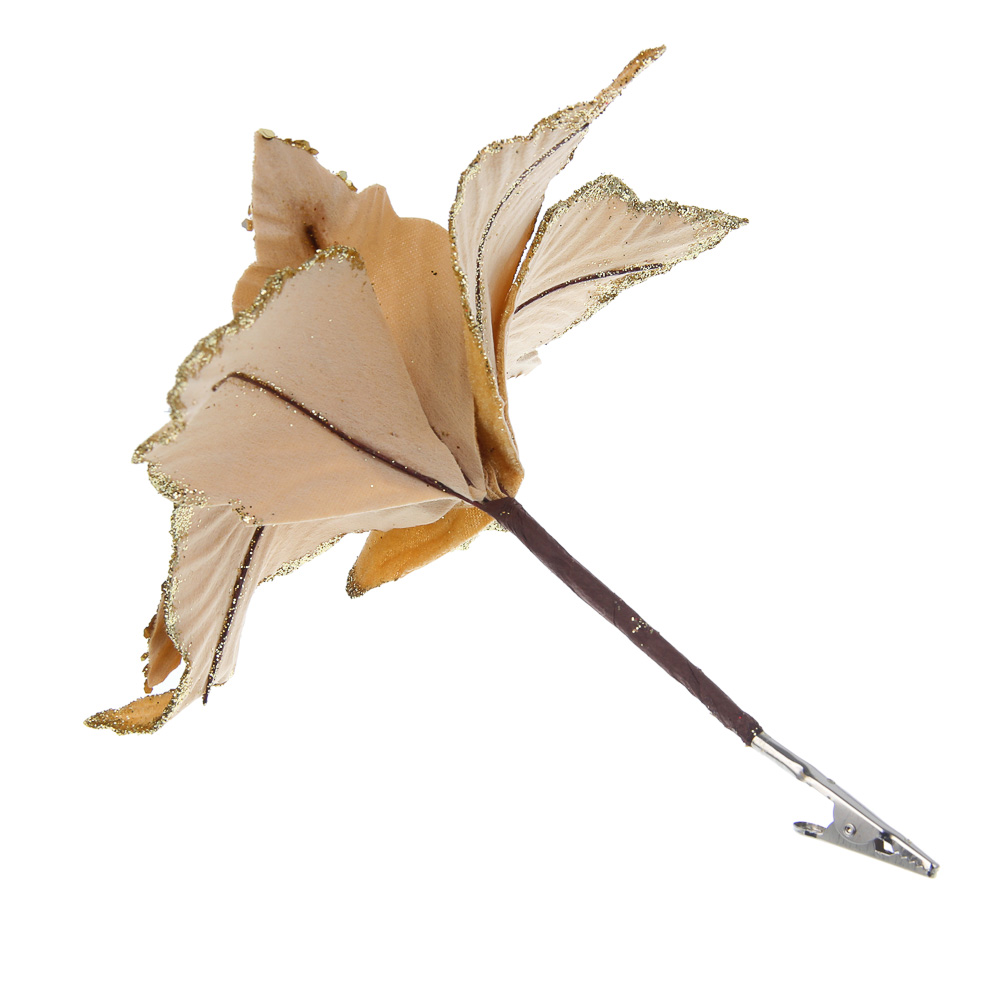 СНОУ БУМ Цветок Пуансеттия на клипсе 25 см, металл, глиттер, полиэстер, шампань - #4