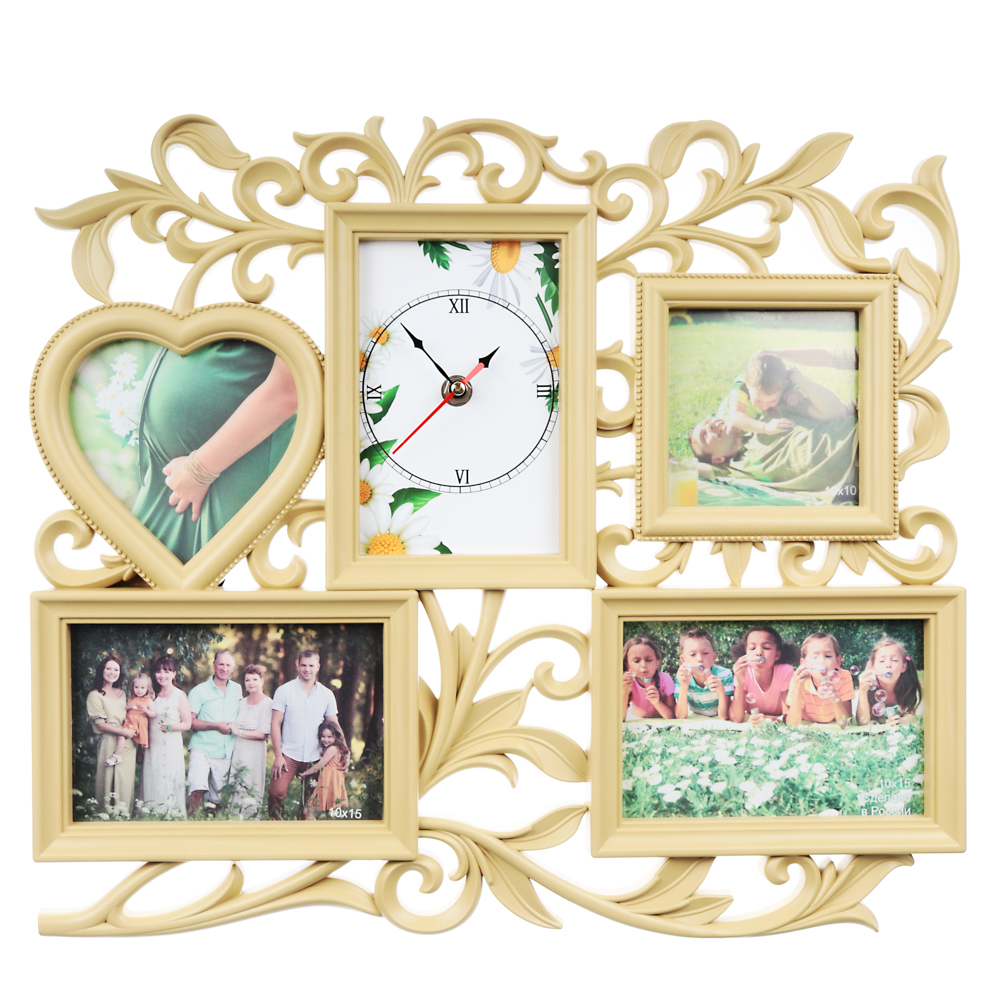 Фоторамка с часами, на 4 фотографии, 42x37см, пластик, бежевая - #1