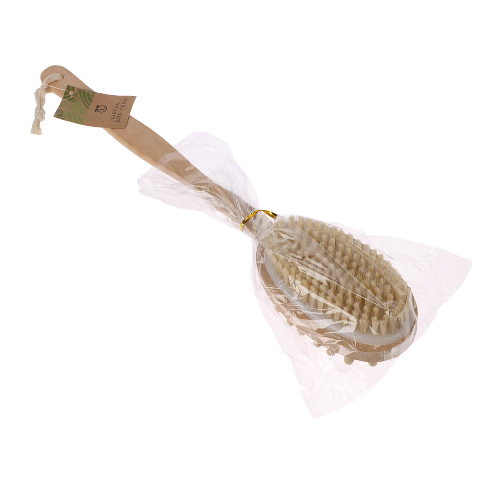 Щетка для тела двойная с натур. щетиной и массажером на цельной деревянной ручке, 42см, 1 цвет - #6