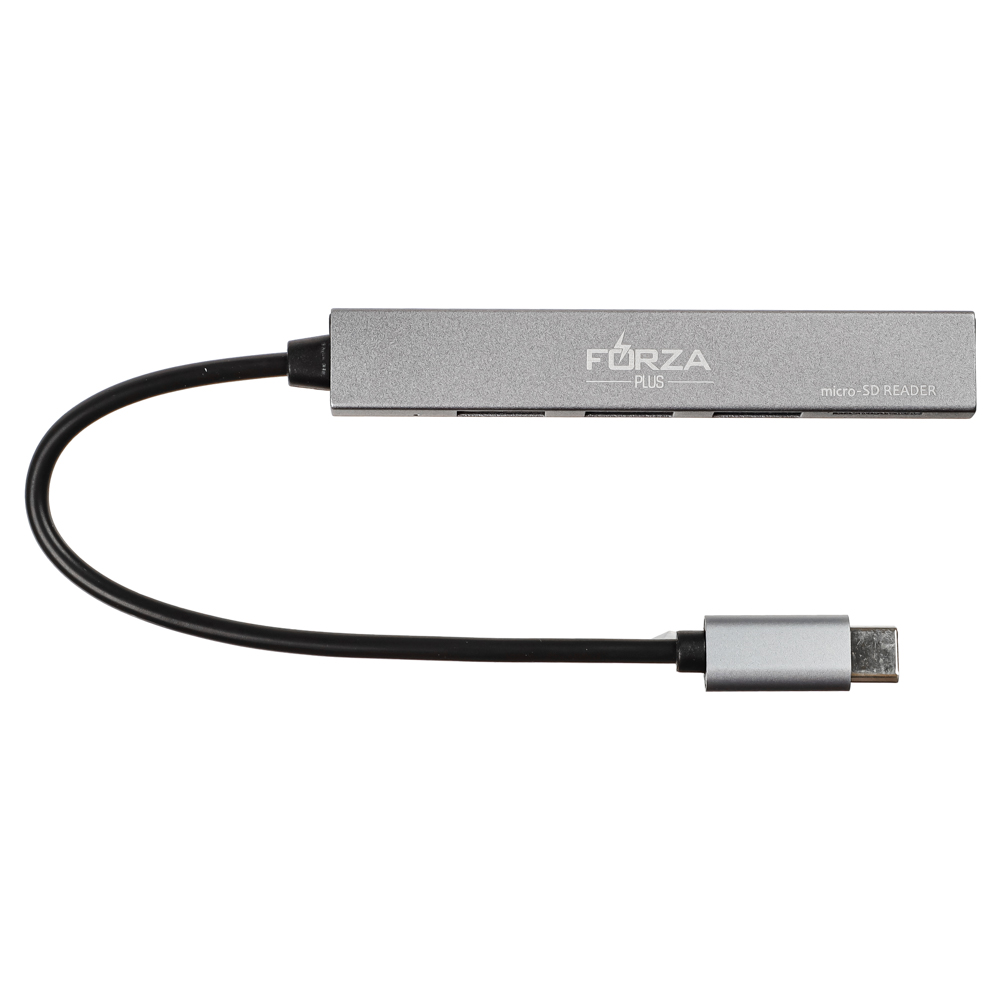 FORZA USB-хаб 4 в 1, 3xUSB 2.0, 1xMicro-SD, штекер Type-C, корпус металлик, пластик - #1