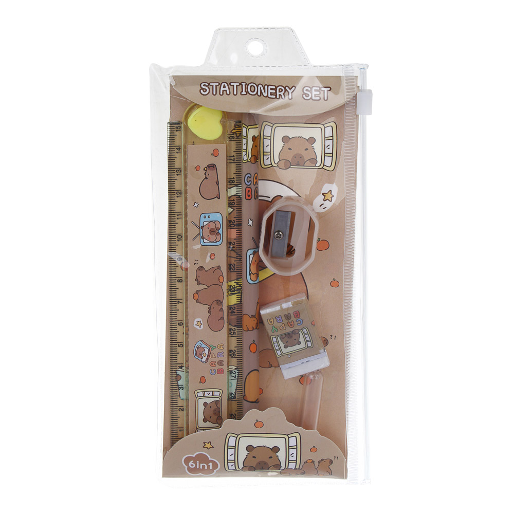 Набор канцелярский 4 пр., линейка раскладная, ластик, точилка, карандаш ч/гр "Капибара", ПВХ пенал - #1