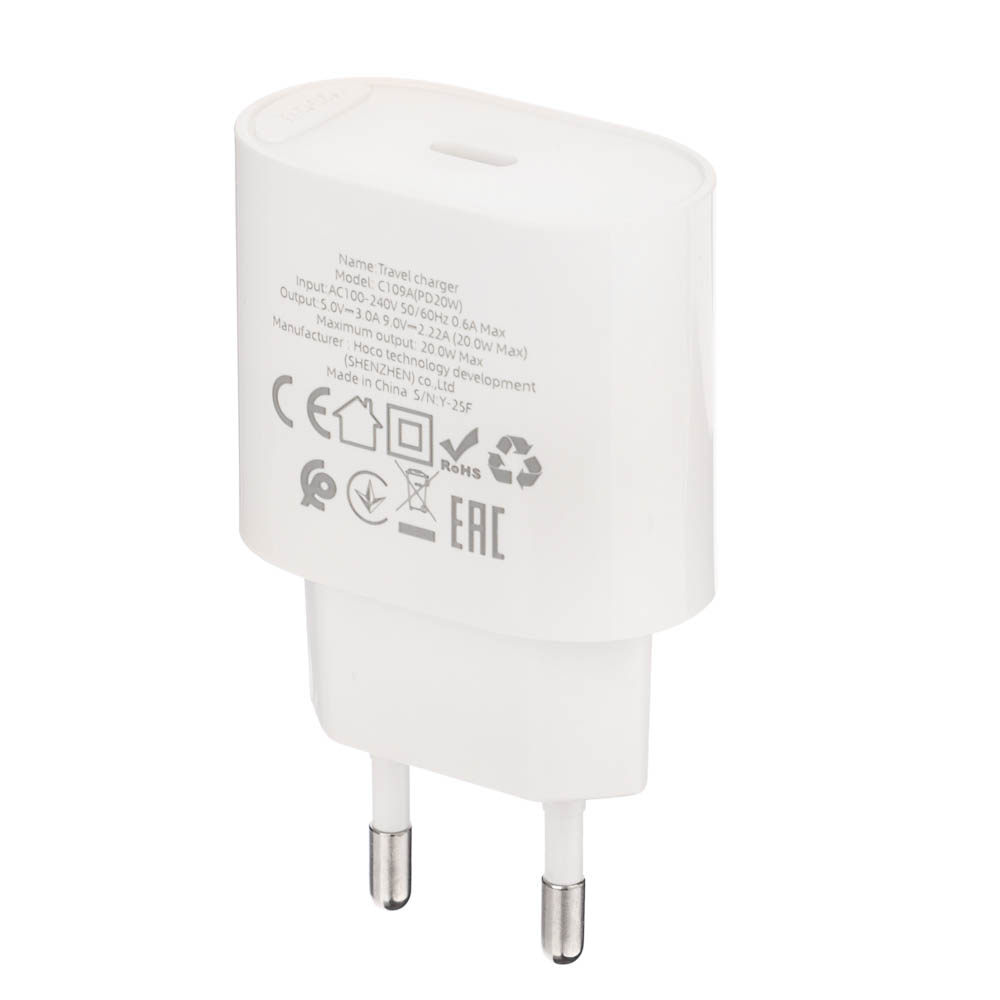 hoco. Комплект зарядное устройство с кабелем модель C109A, USB-С 20W PD, каб C-C 1м, цвет: белый - #13
