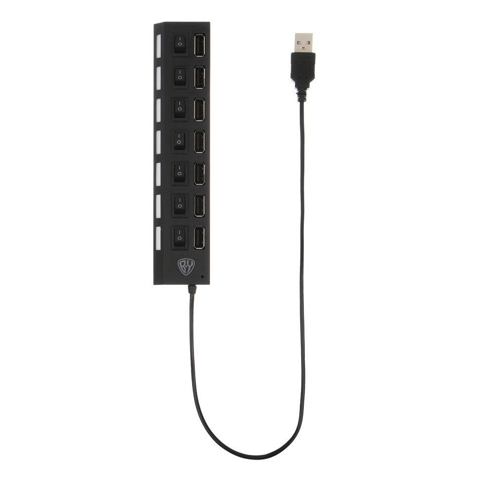 USB-хаб 7xUSB2.0 BY с выключателями, кабель USB(A) 15см, пластик, чёрный - #1