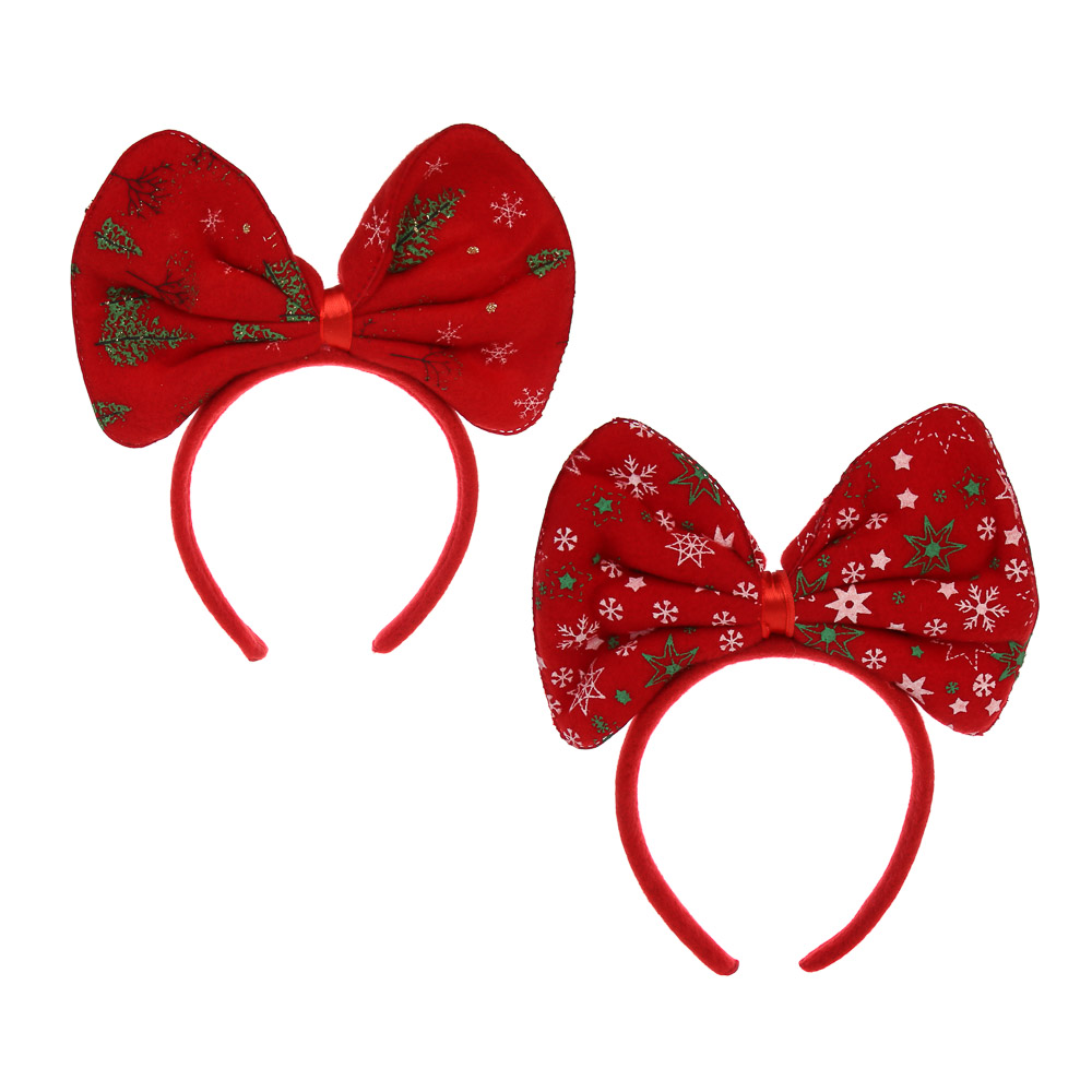 СНОУ БУМ Ободок новогодний с бантом, диаметр 12см, пластик, полиэстер, 2 дизайна - #1