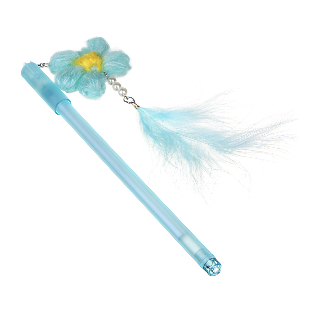 Ручка гелевая синяя с подвеской - брелоком в форме цветка из нитей с пером, 0,5мм, пл., 4 цв. - #2