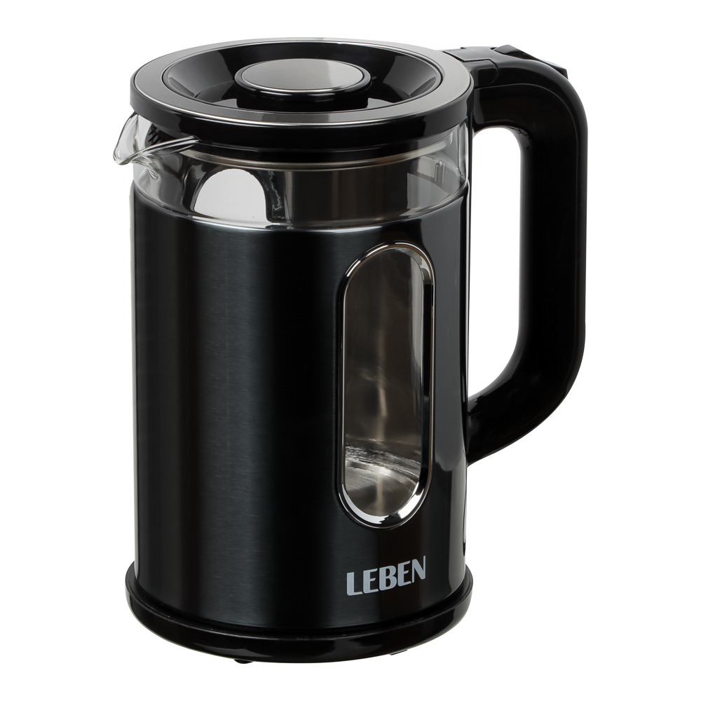 LEBEN Чайник электрический 1,8л, 1500Вт, стеклянная колба, металл, пластик, серый - #1