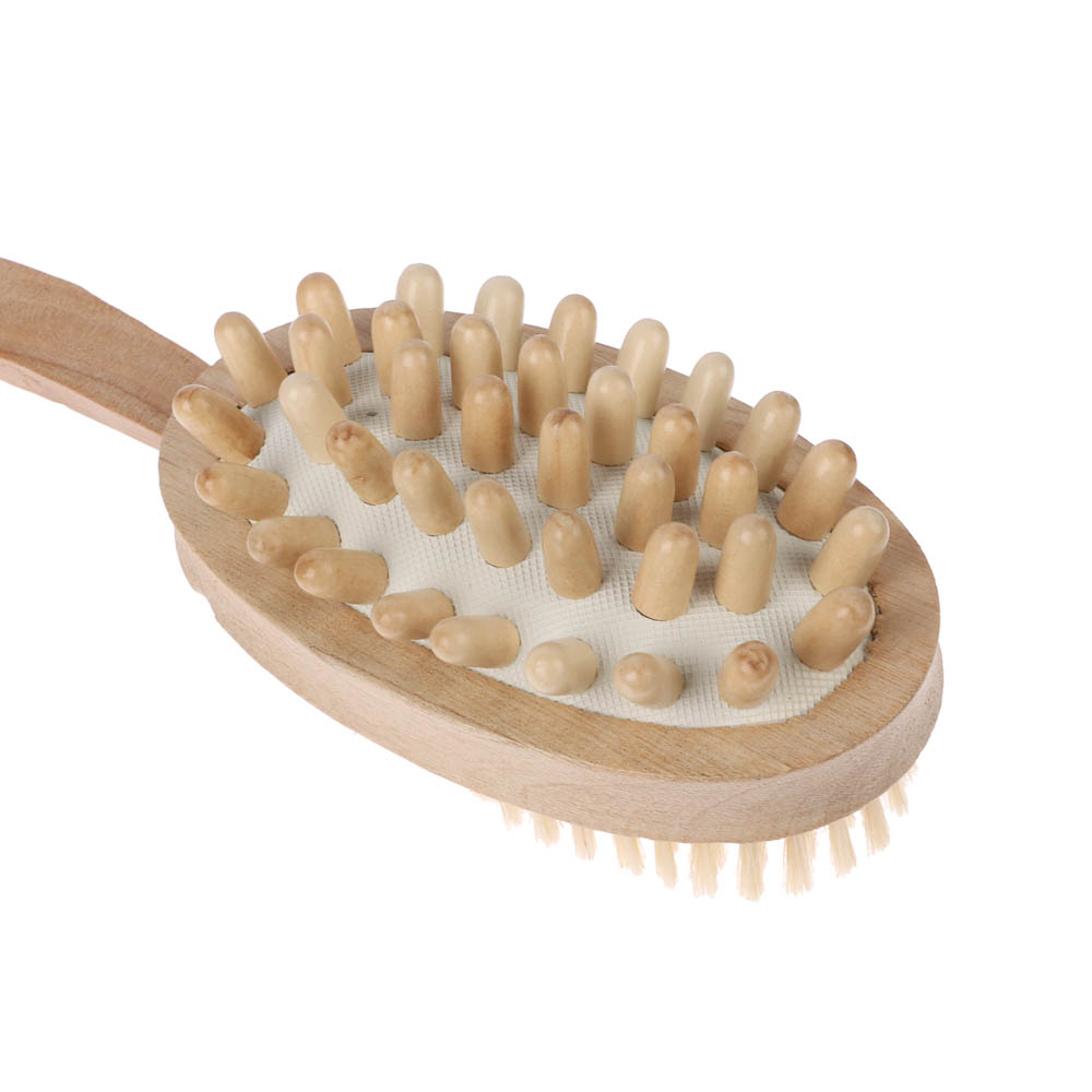 Щетка для тела двойная с натур. щетиной и массажером на цельной деревянной ручке, 42см, 1 цвет - #4