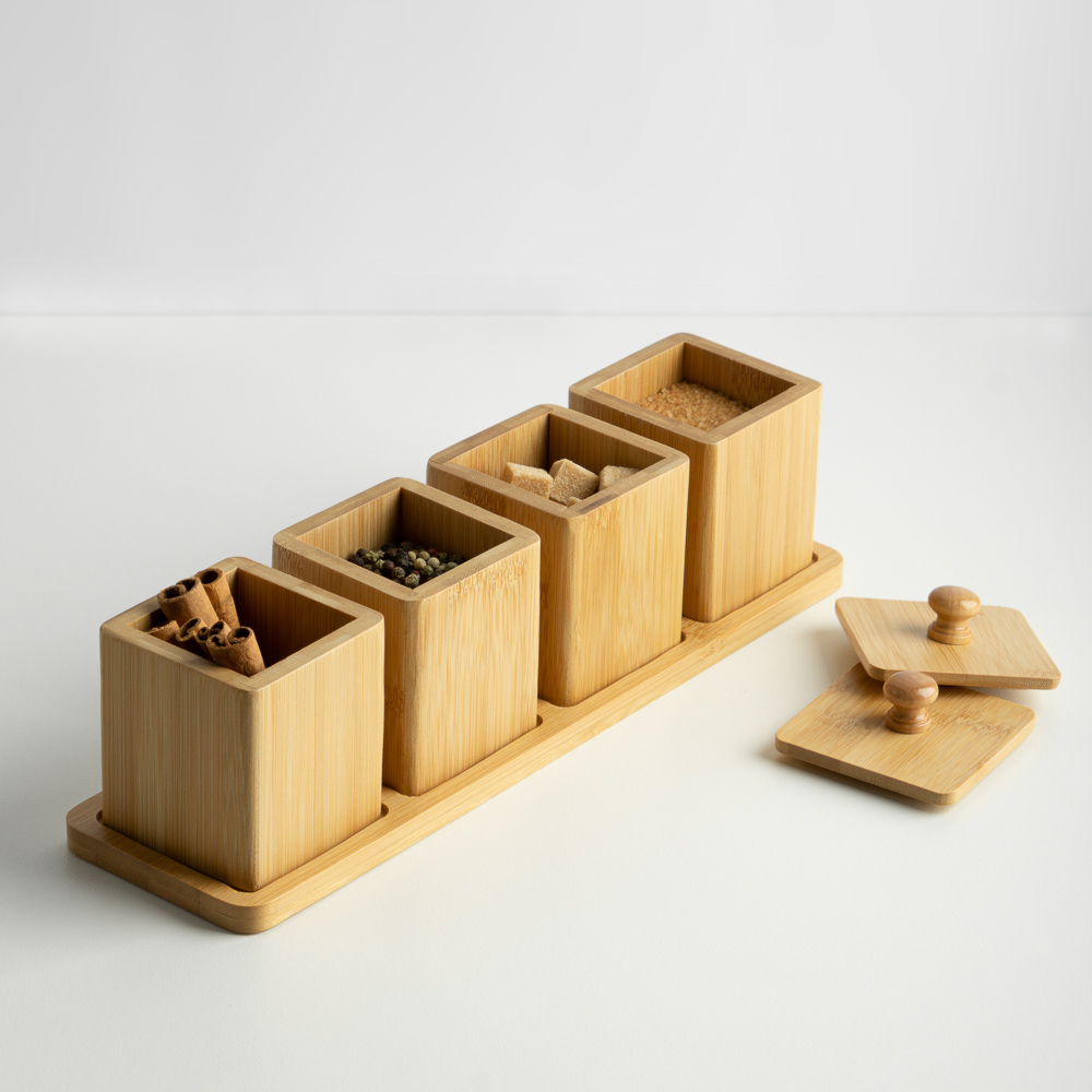 SATOSHI Набор банок для специй с крышками на подставке (7х7х10см – 4шт.), бамбук - #13