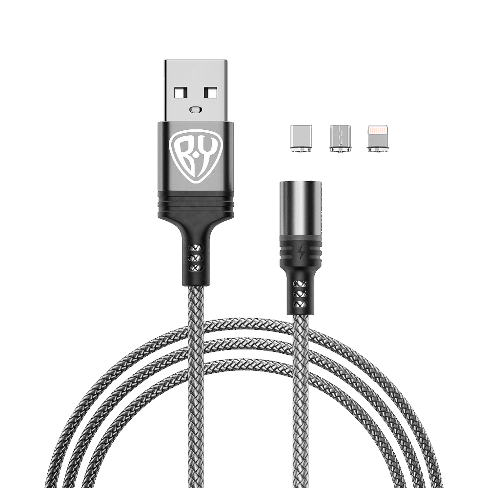 Кабель для зарядки BY "Магнитный" 3 в 1, iP/Micro USB/Type-C, серый, 2.1А, 1 м - #1