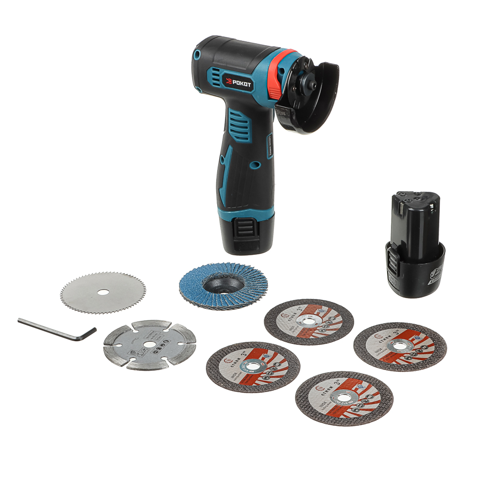 РОКОТ Аккумуляторная мини УШМ 12в, 2акб, пластиковый кейс, зарядное устройство, 7 дисков в компл. - #2