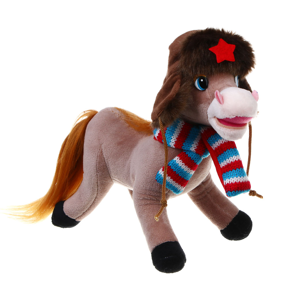 СНОУ БУМ Мягкий сувенир Лошадка в шапке-ушанке 22 см, полиэстер - #1