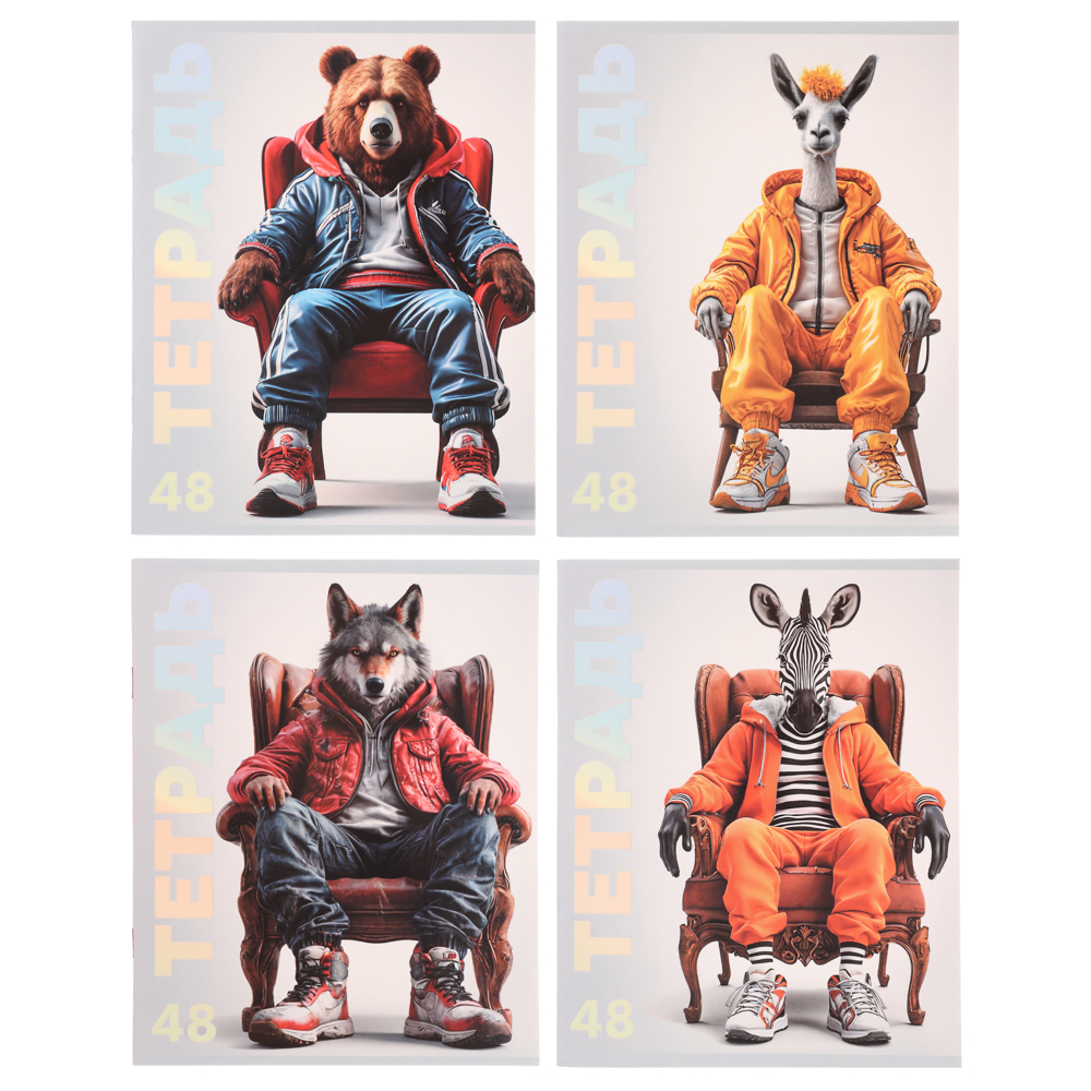 ClipStudio Тетрадь 48л. в клетку, офсет, обл. мел.картон, скрепка, выб лак, "Звери в креслах" 4 диз. - #1