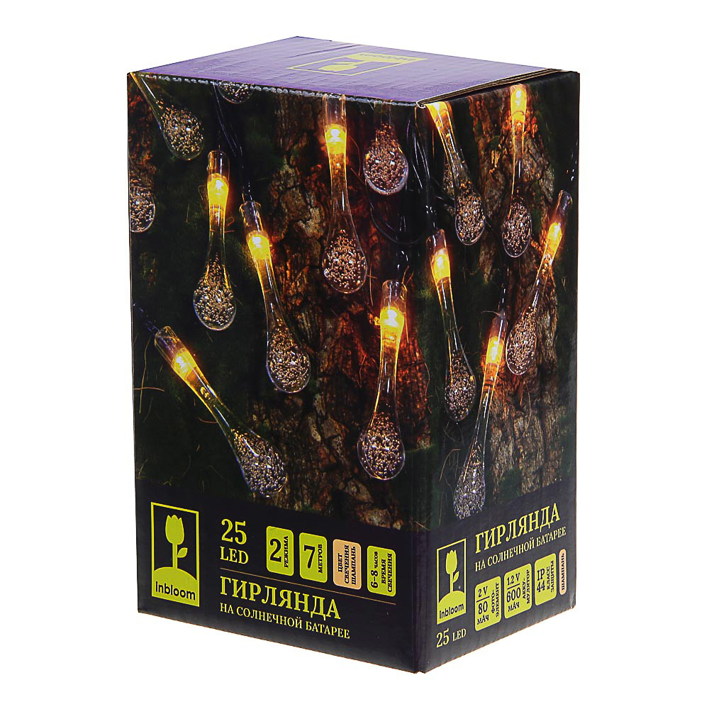 INBLOOM Гирлянда на солн.батарее Капля, 25LED, 7м, шампань, 2 реж, ПВХ зел, 2V80mA, 1.2V600mAh - #6
