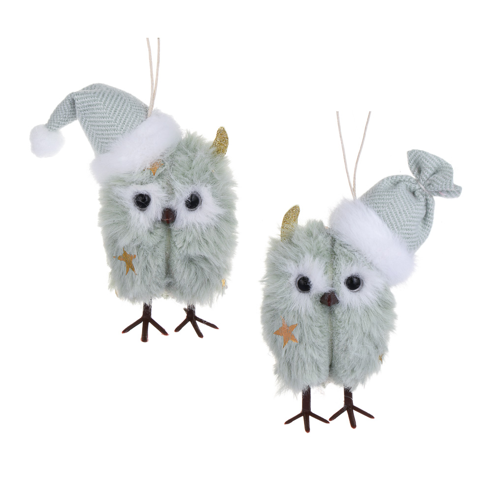 СНОУ БУМ Сувенир елочный Сова в шапке 11 см, полиэстер, св-зеленая, 2 вида - #1