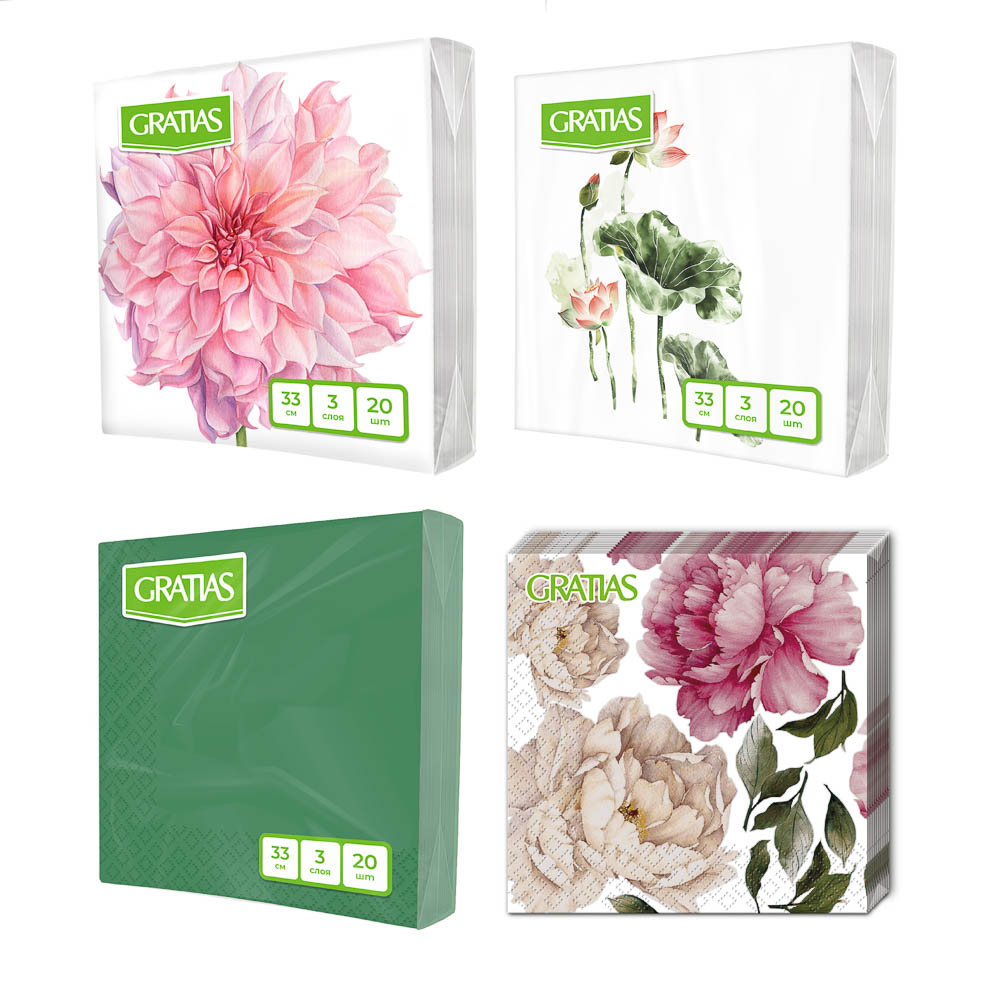 Салфетки бумажные Gratias Лотос/Георгин/Пионы/Зеленый, 3сл, 33см, 20л - #1