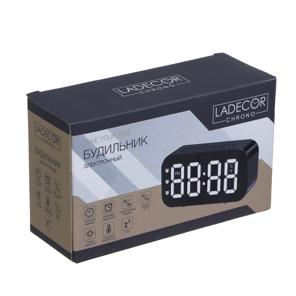 LADECOR CHRONO Будильник электронный, 12x4x6 см,3xAAA, пластик, цвет корпуса черный - #6