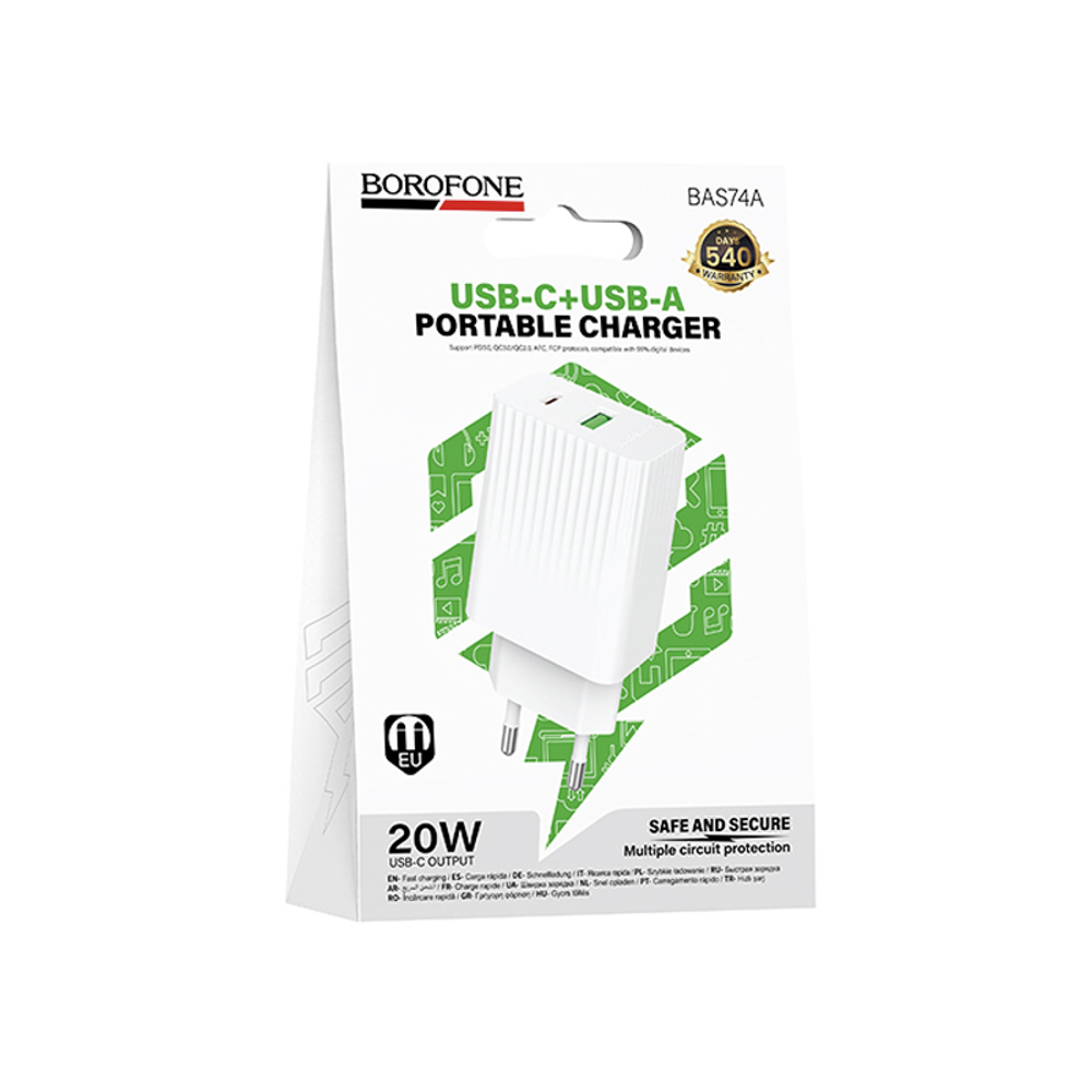 Borofone Зарядное устройство модель BAS74A, 1xUSB-C PD, 1xUSB-A QC 20W, цвет: белый - #1