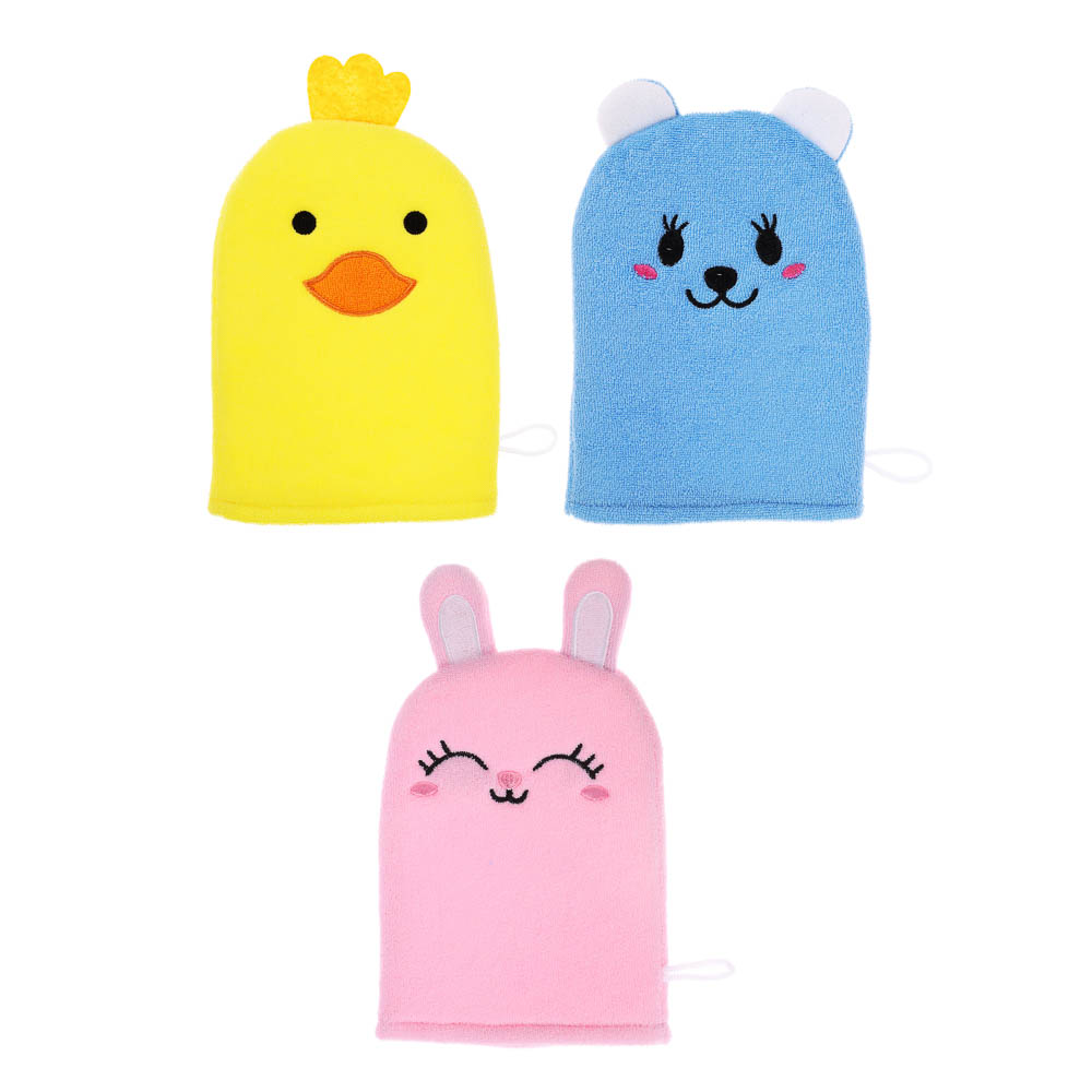 ЮL Мочалка рукавичка для ванны и душа в виде зверюшек, полиэстер, 18х13см, 3 дизайна, МС24-08 - #1