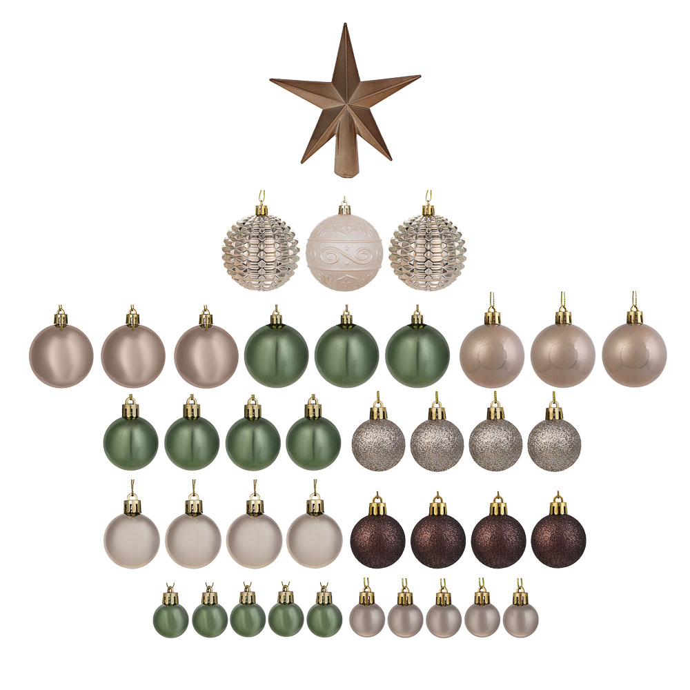 СНОУ БУМ Набор шаров и украшений, 39 шт, 3см, 4см, 5см, 8см, кофейный, зеленый, шампань - #1