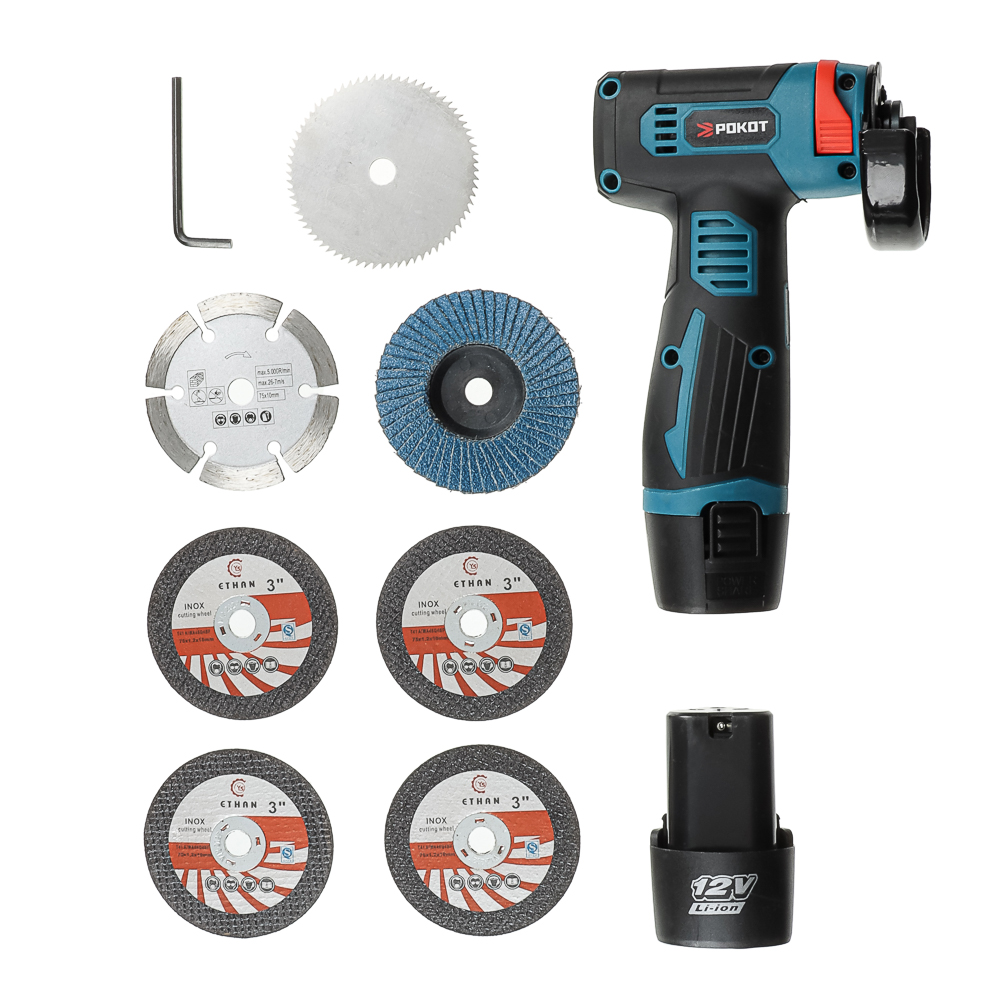 РОКОТ Аккумуляторная мини УШМ 12в, 2акб, пластиковый кейс, зарядное устройство, 7 дисков в компл. - #3