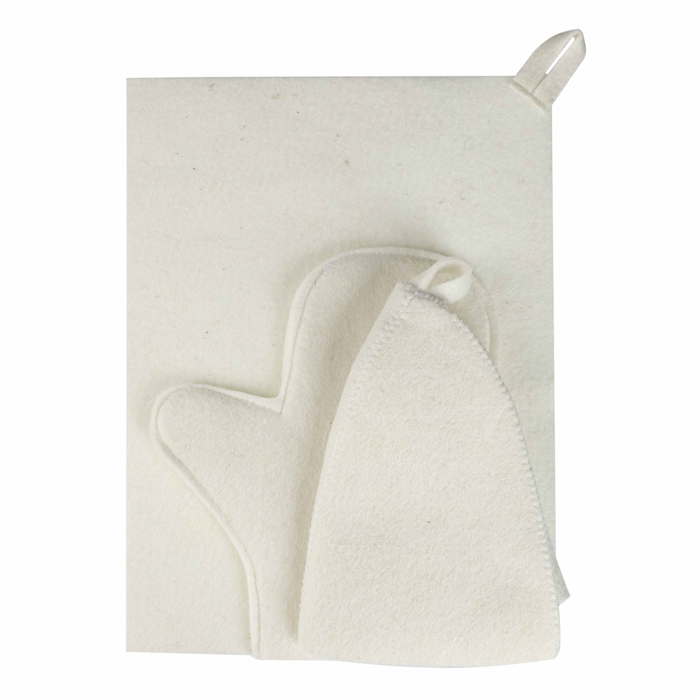 Набор банный ЭКОНОМ 3 предмета (шапка, коврик, рукавица) в пакете, войлок белый/серый - #10