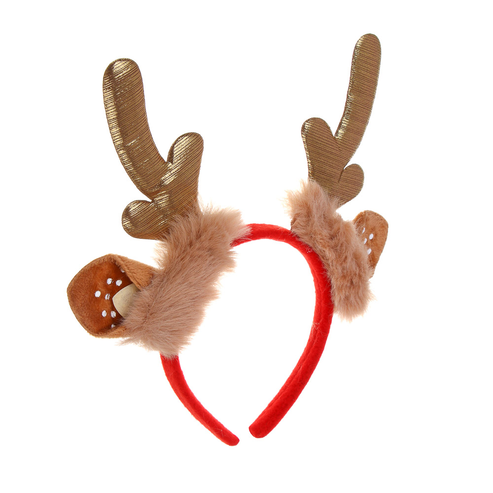 СНОУ БУМ Ободок новогодний с оленьими рожками, диаметр 11см, полиэстер, пластик - #2