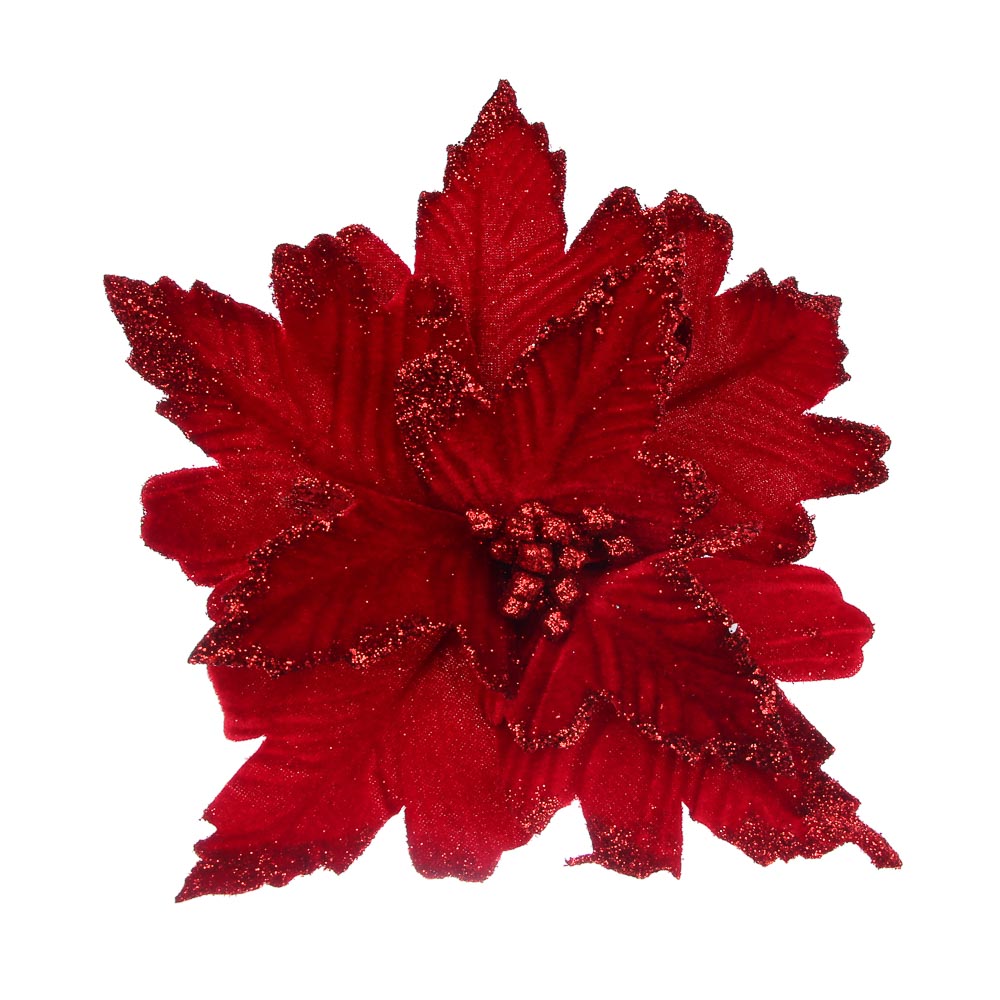 СНОУ БУМ Цветок Пуансеттия на клипсе 25 см, металл, глиттер, полиэстер, красный - #2