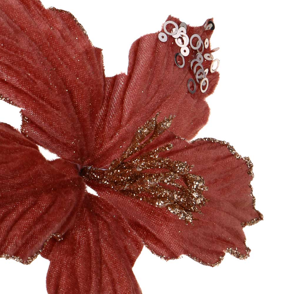СНОУ БУМ Пуансетия 15 см на прищепке (5 лепестков), глиттер, металл, полиэстер, 26-699 - #2