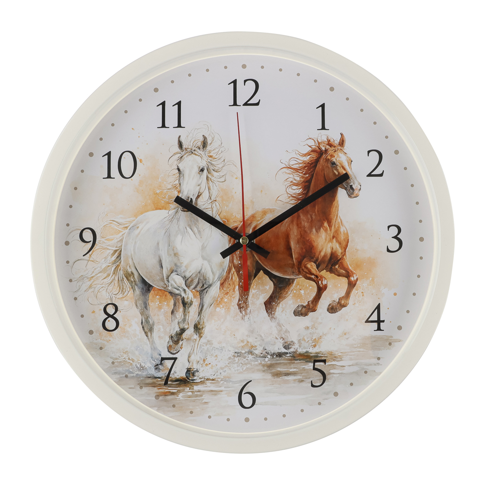 Часы настенные круг d=30см, корпус белый, "Лошади" - #1