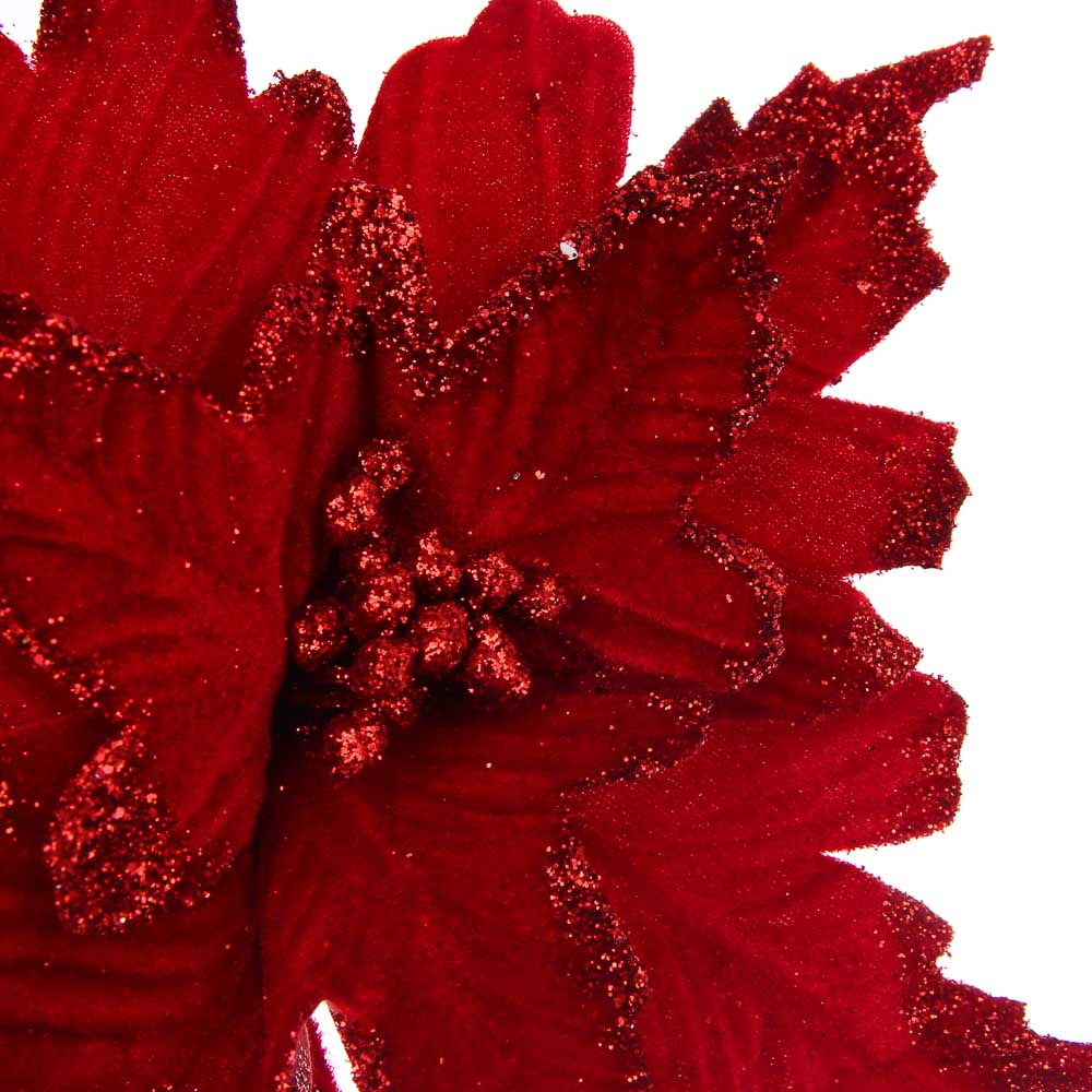 СНОУ БУМ Цветок Пуансеттия на клипсе 25 см, металл, глиттер, полиэстер, красный - #3