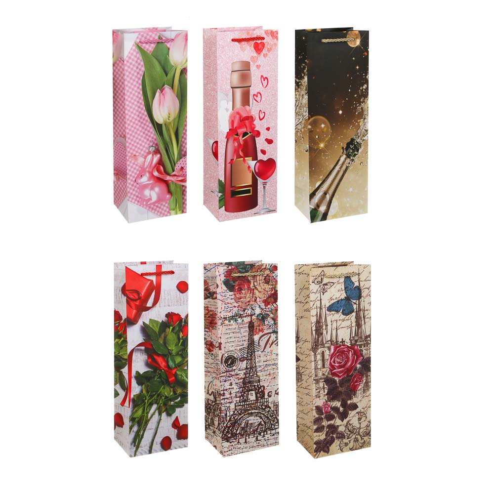 Пакет подарочный бумажный тм LADECOR, 12x9x35 см, для бутылок арт 2, 6 дизайнов - #1