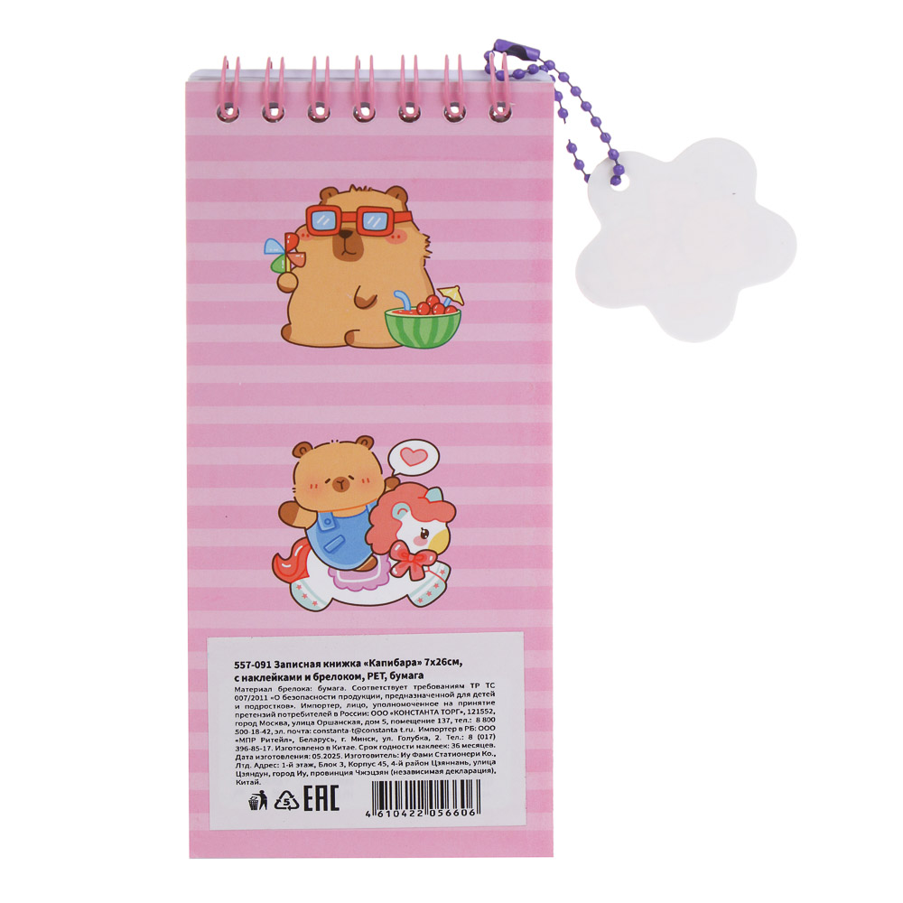 Записная книжка "Капибара" 7х26см, с наклейками и брелоком, PET, бумага, 4 дизайна, шоу-бокс - #16