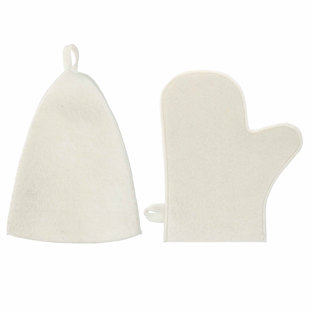 Набор банный ЭКОНОМ 2 предмета без вышивки (рукавица, шапка) в пакете, войлок белый/серый - #3