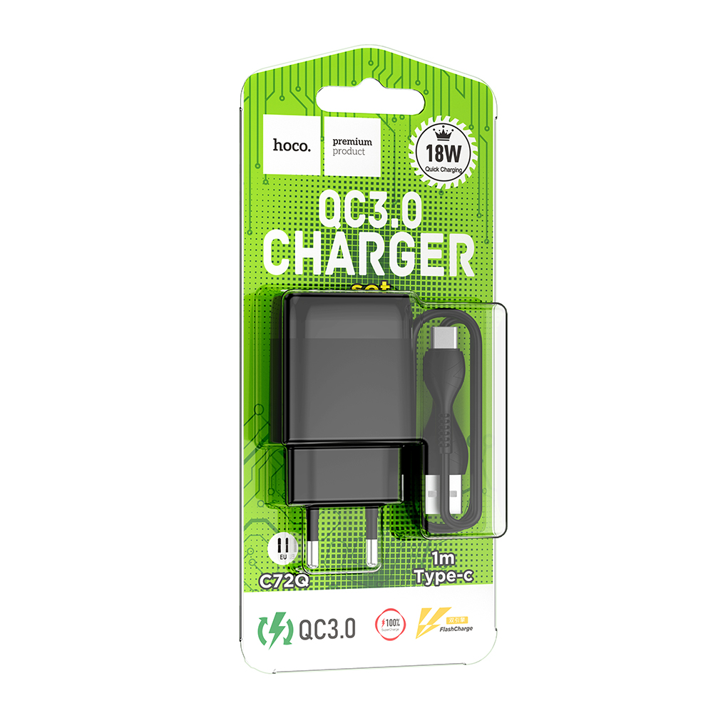 Комплект СЗУ hoco. модель C72Q, USB-C 18Вт, QC3.0, каб. C-C, черный - #2