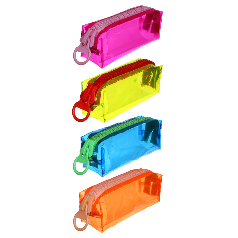 Пенал прямоугольный 19х8х6см, цветной прозрачный ПВХ, большая молния, 4 цвета, ПВХ бокс - #1