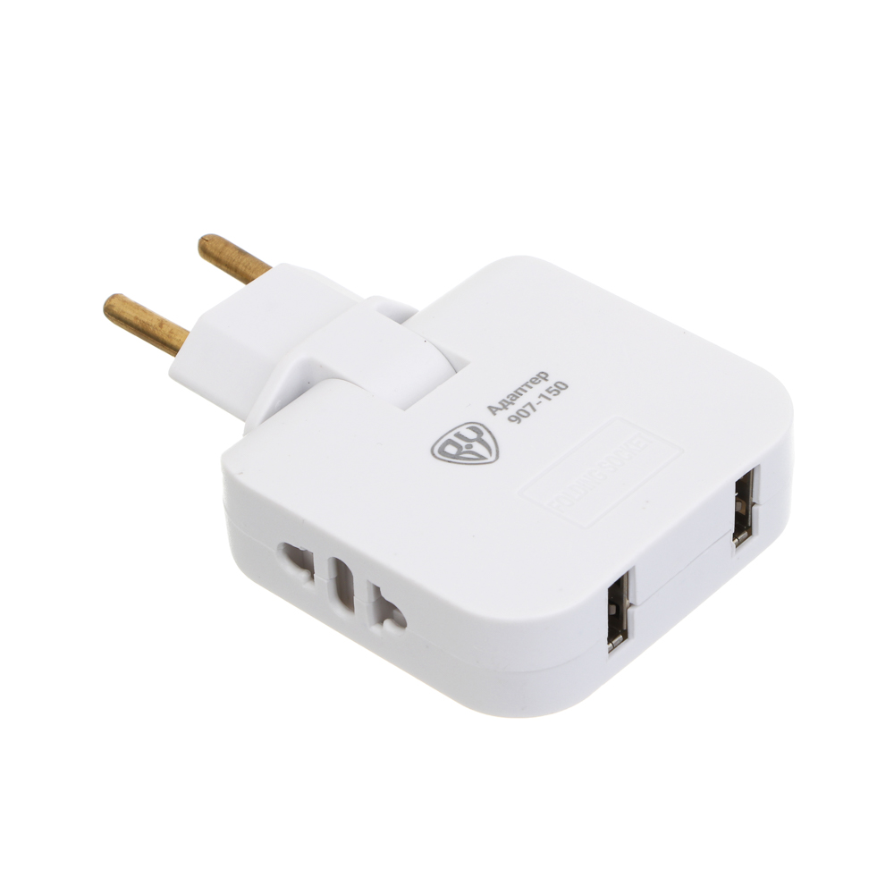 Разветвитель 2 гнезда BY плоский, поворотный, 180 градусов, 2хUSB-A,110-240В,50-60Гц, 6А, б/з, белый - #1